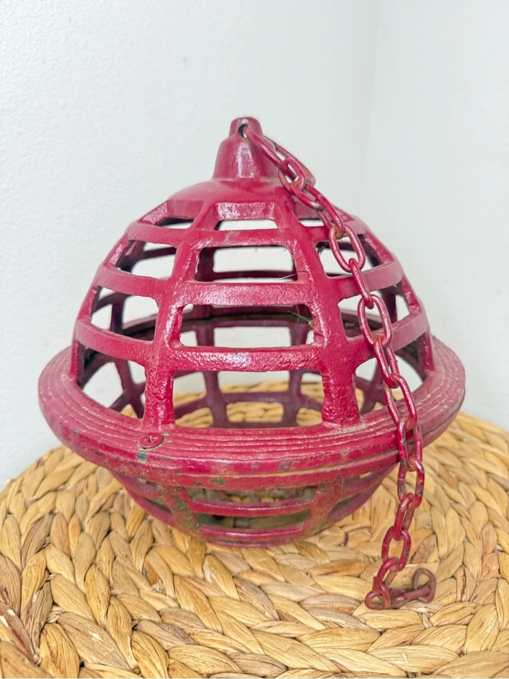 Vintage Japanese Hand-Cast Iron Orb Hanging Lantern Dark Red Maroon Garden Lamp